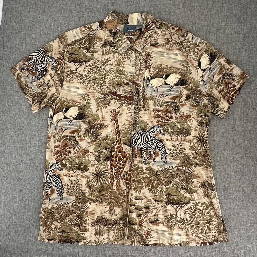 Vintage Lizwear Button Down Top Safari Animals Large Rayon‎ Brown Tan Zebra